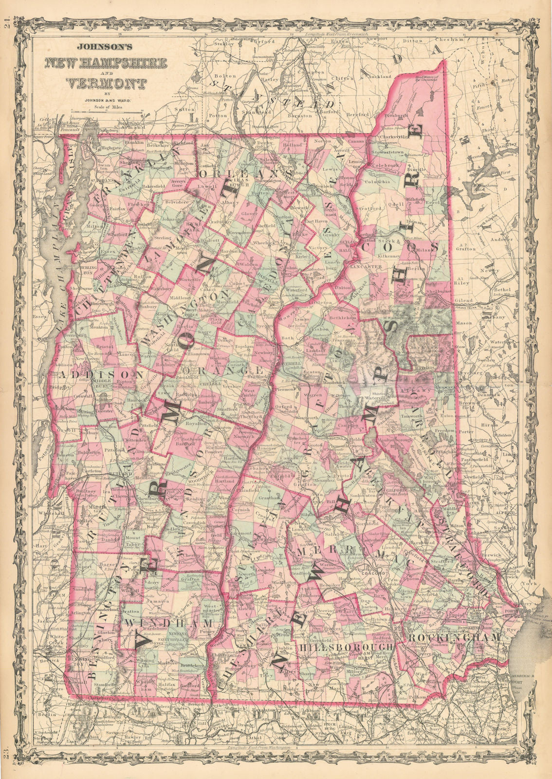 Johnson's New Hampshire & Vermont. US State map showing counties 1862 old